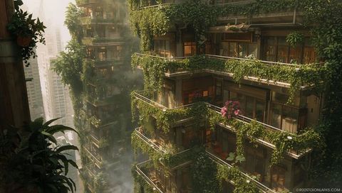 Sunlit vertical-garden highrise with lush hanging vines and layered balconies urban oasis