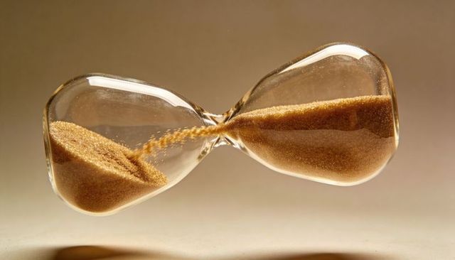 Golden sand pouring through glass hourglass on warm beige background