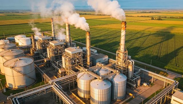 Aerial industrial complex with silos, smokestacks and pipelines over cultivated farmland at sunset