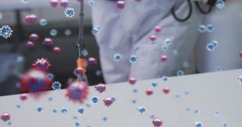 Laboratory nozzle spraying aerosol droplets with floating virus particle contamination