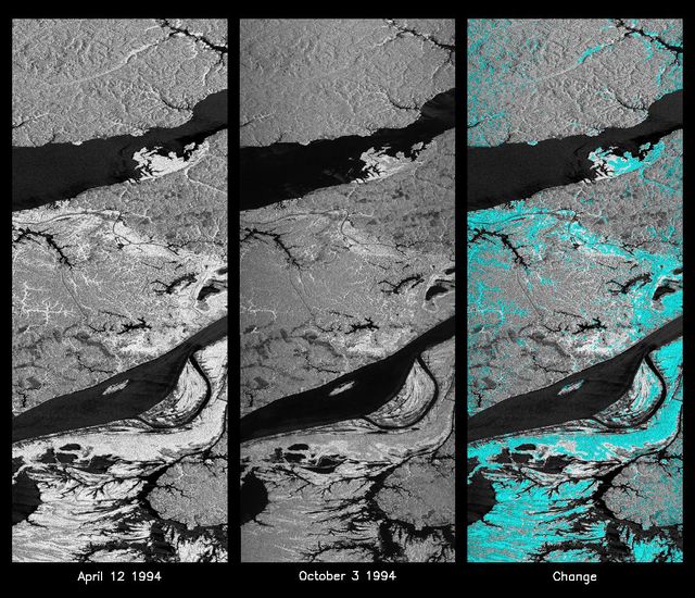 These images compare radar data of the Manaus region from April 12, 1994, and October 3, 1994, highlighting seasonal changes in flooding. The left and middle images show reflections of flood extents, while the right image illustrates changes, with blue areas indicating decrease in flooding. Useful for studies on environmental impact, flood management, habitat analysis, and climate change.