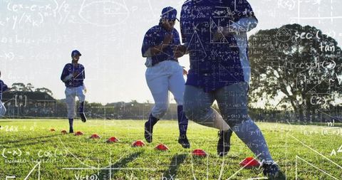 Female Athlete Practicing on Grass Field with Mathematical Overlays