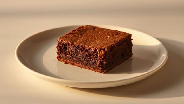 Fudgy chocolate brownie square on white ceramic plate with warm studio lighting and soft shadow