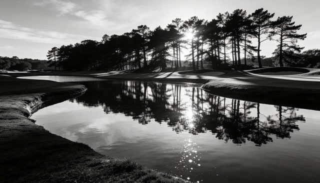 Monochrome golf course pond reflecting sun through pine tree line with fairway bunkers