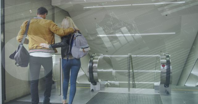 Image of infographic interface over rear view of biracial couple getting down by escalator. Digital composite, multiple exposure, report, business, progress, love, togetherness and technology.