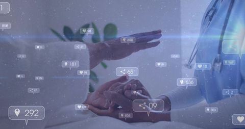 Clinician checking patient pulse with augmented reality health data overlay