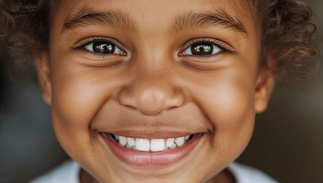 Smiling child close-up showing bright teeth and dimples, curly hair headshot, portrait