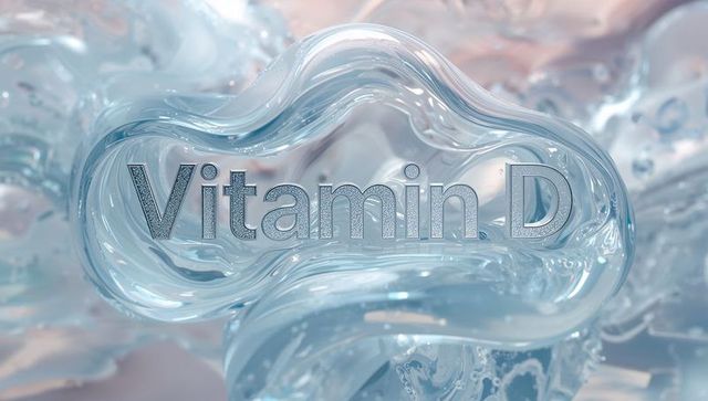 Floating translucent glass blob featuring embossed vitamin d text, prismatic liquid design
