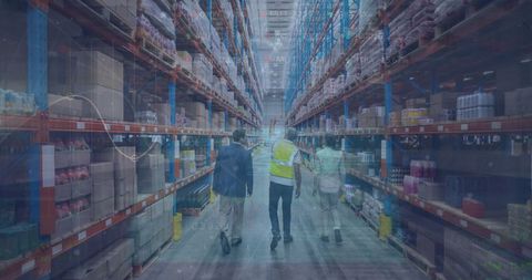 Diverse workers and digital data overlaid in modern warehouse environment