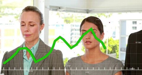 Business Team Pausing with Eyes Closed while Green Line Chart Tracks Financial Metrics in Modern Off