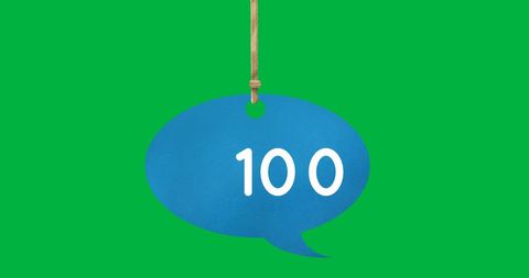 A blue speech bubble, held by a rope, displays the number 100 set against a vibrant green background. This image symbolizes communication and achievement, making it suitable for use in marketing materials, corporate communication discussions, social media engagement posts, or educational presentations focusing on success in numeric milestones or dialogue-based initiatives.