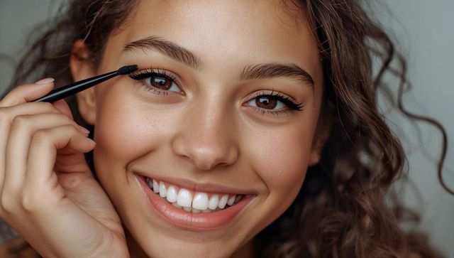 Smiling hispanic teen applying mascara closeup portrait natural makeup healthy soft skin