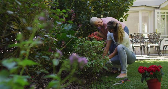 Image shows mother and daughter engaging in gardening activities in their backyard. They are seen bonding while tending to the plants on a sunny day. Ideal for use in articles on family activities, gardening tips, outdoor hobbies, and healthy lifestyle promotion.
