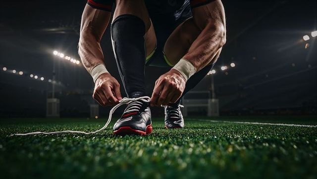 Athlete tying cleats under stadium lights, close-up low angle showing pregame focus and determinatio