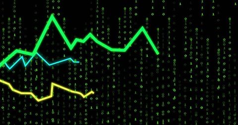 Neon Line Graphs Pulsating Over Cascading Binary Matrix Futuristic Data Visualization