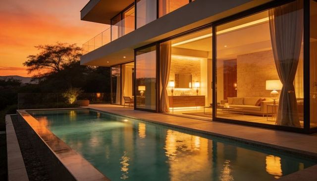 Luxury modern villa showcasing floor-to-ceiling glass walls and infinity pool at dusk