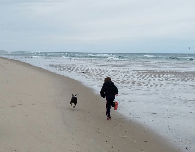 Child and dog running happily along a quiet beach on an overcast day, showcasing the energy and freedom of being outdoors. Ideal for use in advertisements, family-oriented content, or publications emphasizing outdoor activities and adventures.