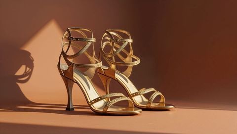 Elegant gold high heels on peach background