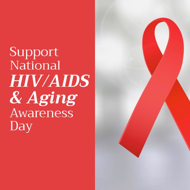 Illustration of red ribbon with support national hiv aids and aging awareness day text, copy space. Hiv prevention, care and treatment for aging population, raise awareness, support, healthcare.