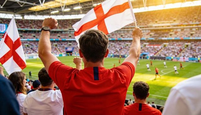 England football fan cheering and waving st george's cross at packed stadium