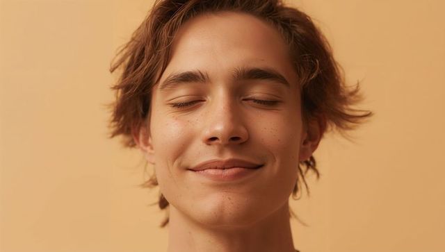Young man smiling with eyes closed wearing hoop earring on warm beige background freckled closeup