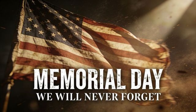 Tattered american flag billowing in sunbeams memorial day we will never forget tribute