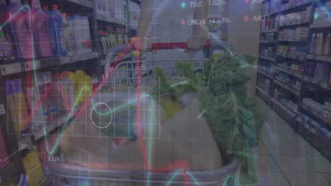 Financial Data Overlay on Shopping Cart in Supermarket Aisle