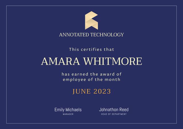 Employee of the Month certificate template featuring a sophisticated navy blue background with a white border. The clean and professional layout showcases the company logo at the top, the employee’s name prominently in the center, along with an award month and year. Ideal for corporate presentations, internal employee recognition programs, and HR documentation, this template provides an elegant way to acknowledge team members' hard work and dedication.