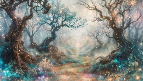 Enchanted forest path with twinkling lights and twisted trees