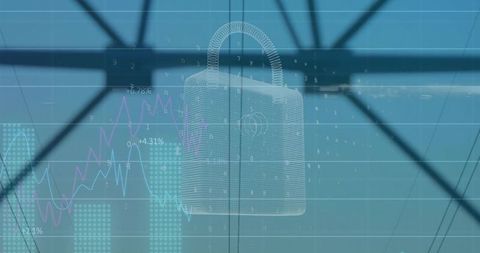 Holographic padlock protecting financial market data visualization with cybersecurity charts