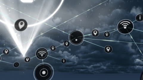 Digital Network Connections Overlay on Cloudy Sky Background