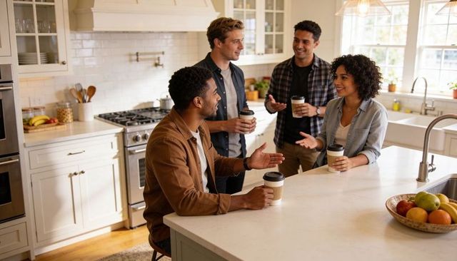Friends chatting and enjoying coffee around bright modern kitchen island during casual gathering