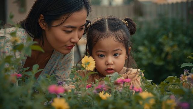 Mother and Daughter Exploring Blossoms in Garden