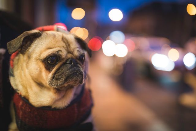 Closeup of pug wearing a red coat, sitting on a city street at night with urban lights in the background. Ideal for use in pet care advertisements, pet fashion promotions, urban lifestyle blogs, and websites focused on city living with pets or nighttime cityscapes.