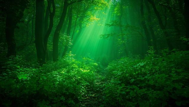 Emerald sunbeam path winding through misty forest canopy with lush ferns and moss