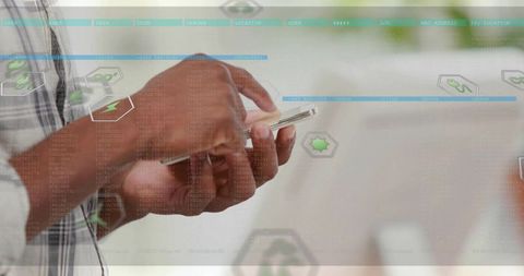Tapping smartphone with digital UI overlay showing hex icons, code and minimalist interface
