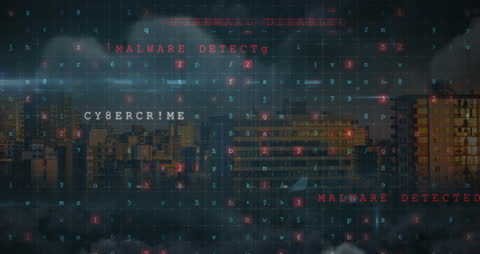 Animated Cyber Attack Alert Over Urban Skyline