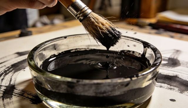 Natural bristle brush dipping into glass ink dish with splashing droplets, macro studio
