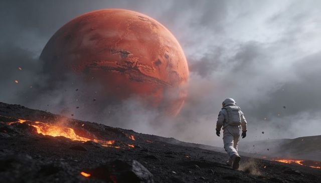 Astronaut walking across volcanic plain toward massive red planet looming on horizon