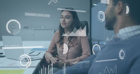 Businesswoman presenting data with digital analytics overlay in modern office meeting