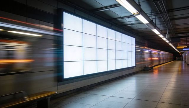 Blank multi-panel LED billboard lighting modern subway platform with trains zooming by