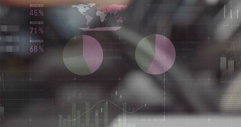 Corporate data dashboard overlay with purple and green pie charts and blurred businessman