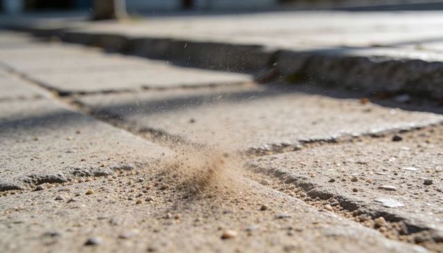 Dust plume rising over concrete paver joint scattering sand and tiny pebbles