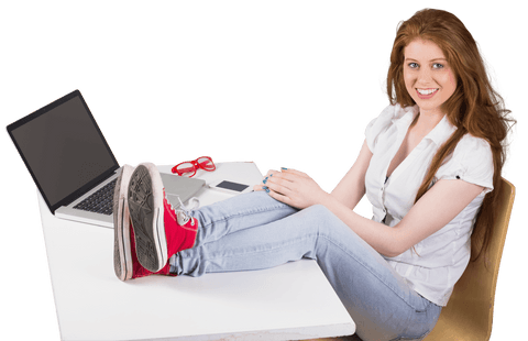 transparent energetic redhead relaxing at desk with feet up - Download Free Stock Videos Pikwizard.com