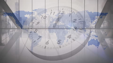 Global Business Concept with World Map and Clock Overlay