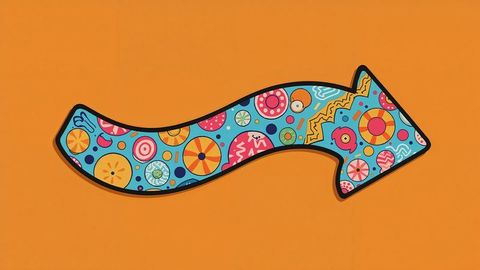 Vibrant colorful curved arrow with circular patterns on orange