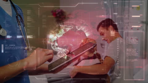 Doctor Analyzing Data on Tablet with Digital Interface Overlay