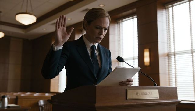 Female attorney swearing oath at courtroom lectern holding papers during trial testimony