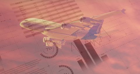 Aeroplane flying with digital financial charts at sunset