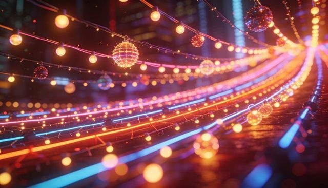 Neon String Lights and Disco Orbs Casting Colorful Reflections on Wet Urban Walkway